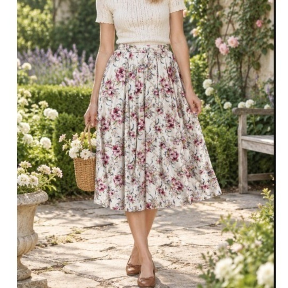 Vintage Susan Bristol Floral Midi Skirt 12 Pleated Cottage Feminine Made In USA